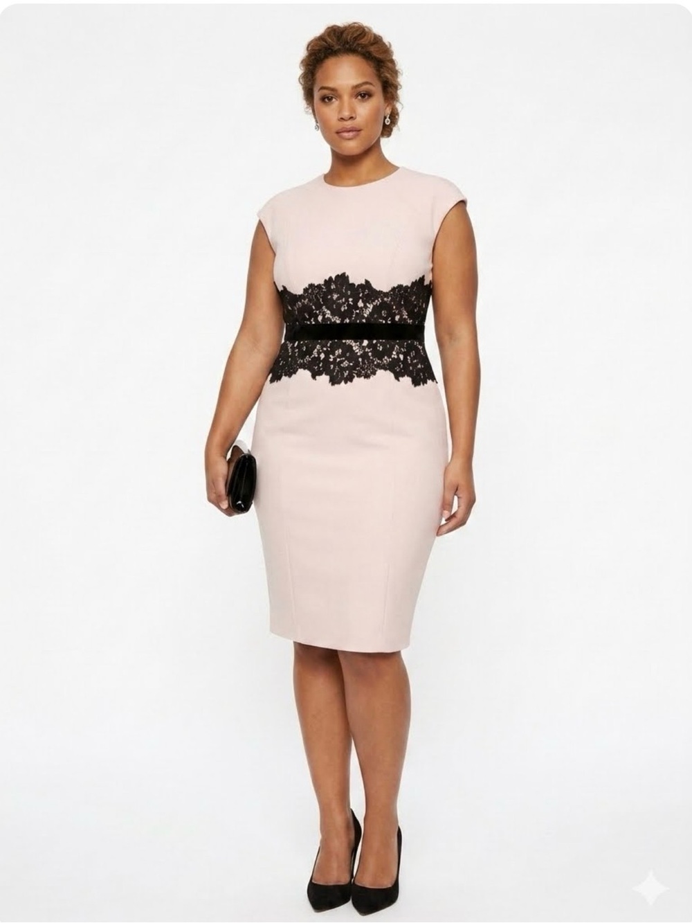 New York & Company Light Pink Midi Dress with Black Lace Waist - Picture 3 of 6
